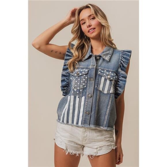 BiBi American Flag Washed Denim Jacket - Picture 8 of 10